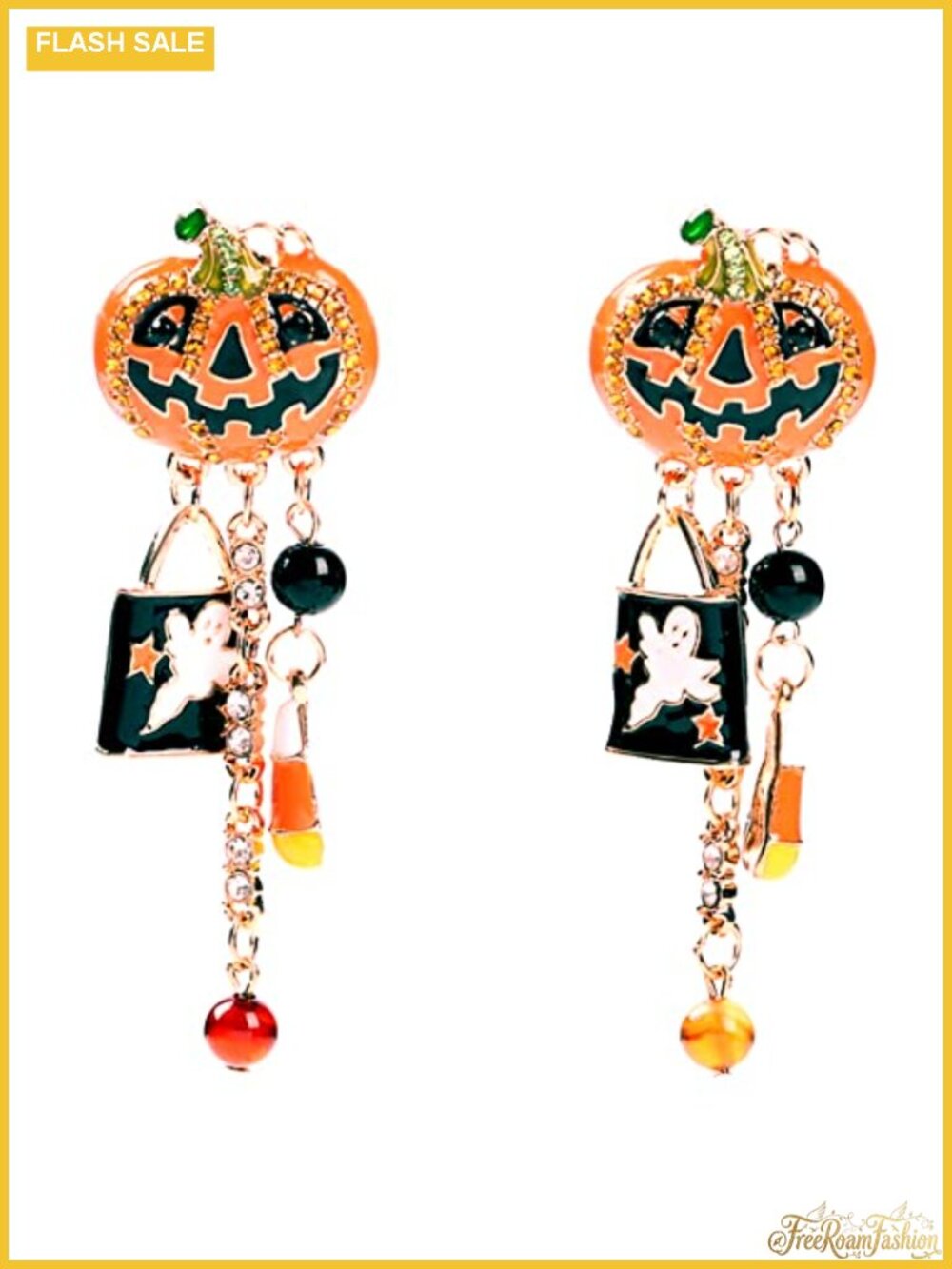 Halloween Pumpkin Dangle Earrings with Long Tassels and Rhinestones